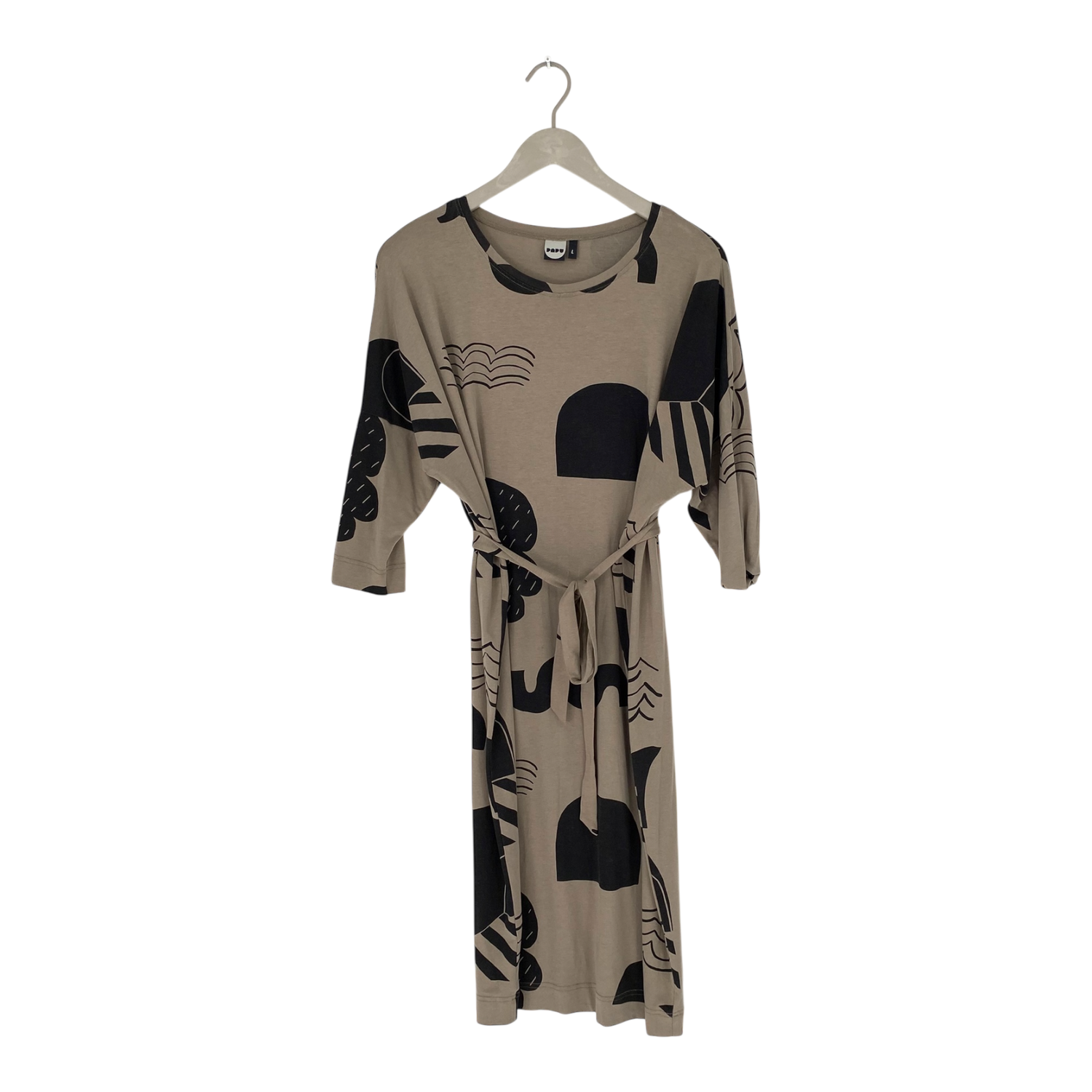 Belted tricot dress, beige / black | woman M
