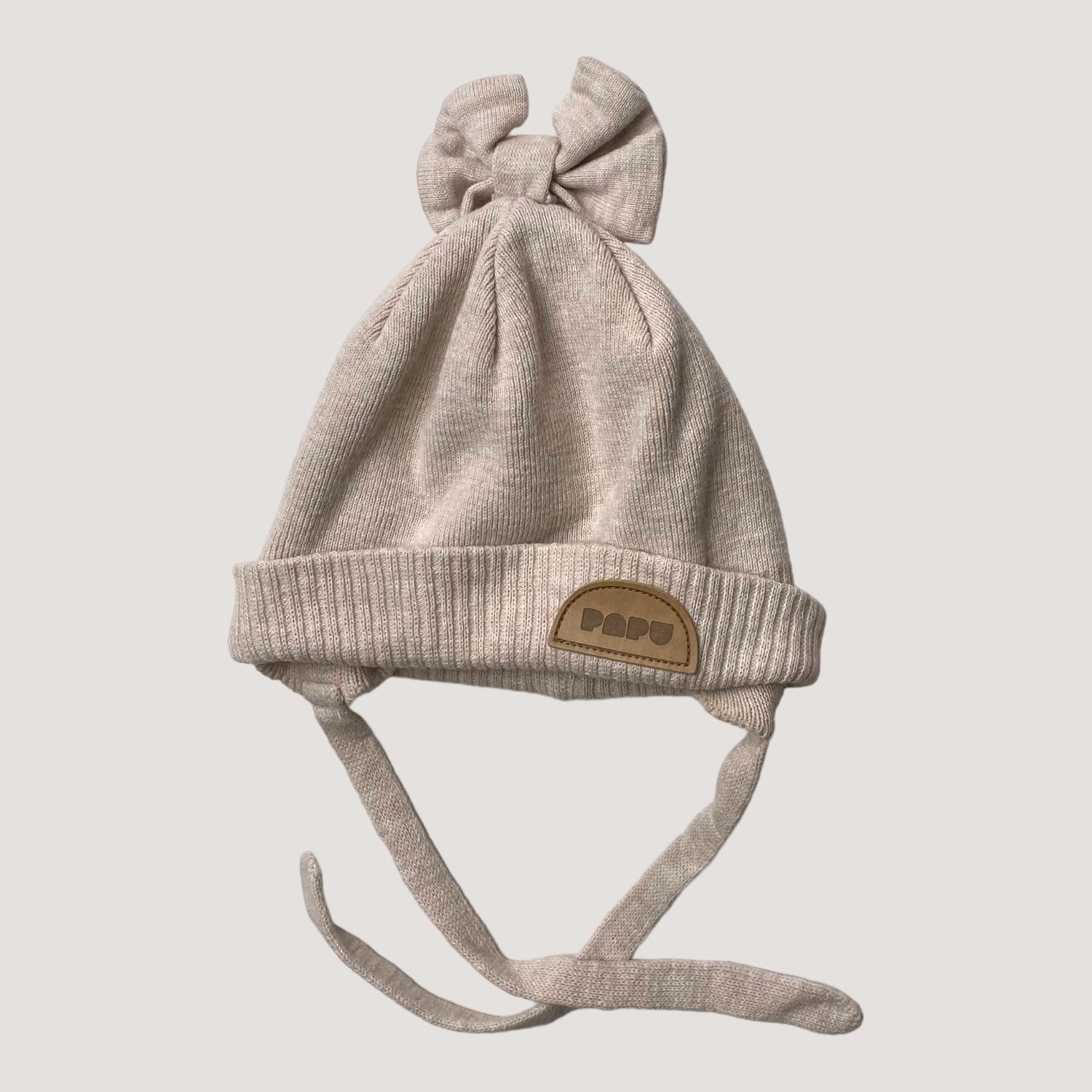 Papu cotton and wool mix bow beanie, almond | 0-1y